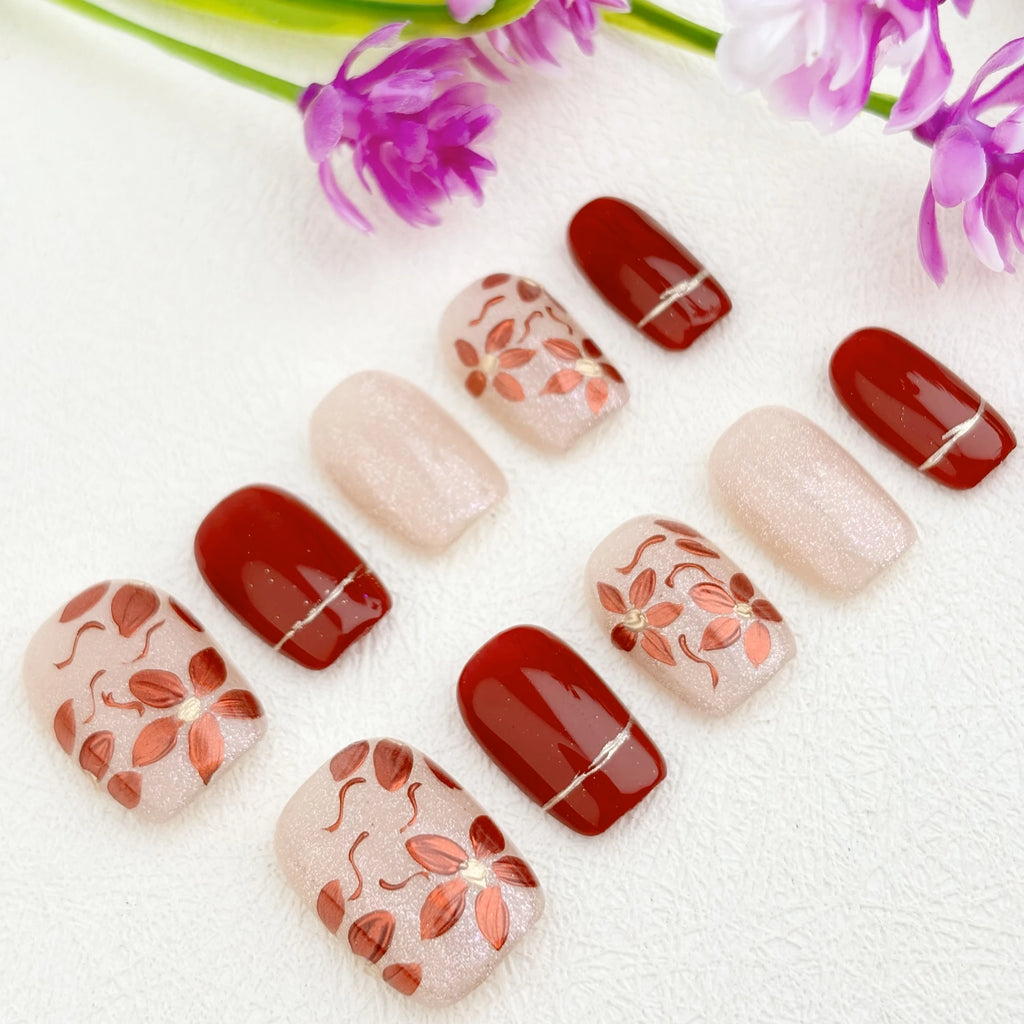 High-End Handmade Wearable Short Nails, Autumn and Winter Retro Red-Brown Nails, Elegant Hand-Painted Flower Fake Nail Stickers, with a Nail Tool Set