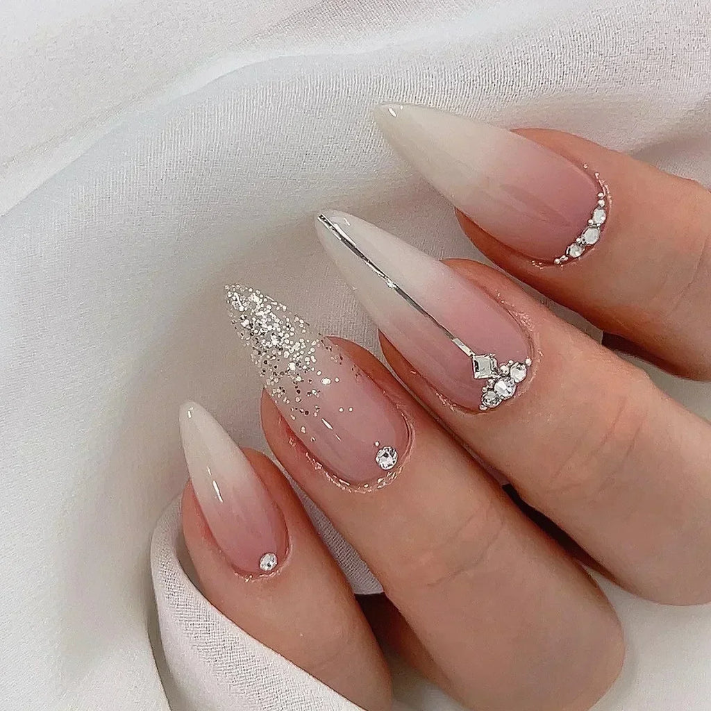 24Pcs Almond Pure Handmade Press On Nails Full Cover Butterfly French Pearl Diamond False Nails Wearable Manicure Nail Tips Art