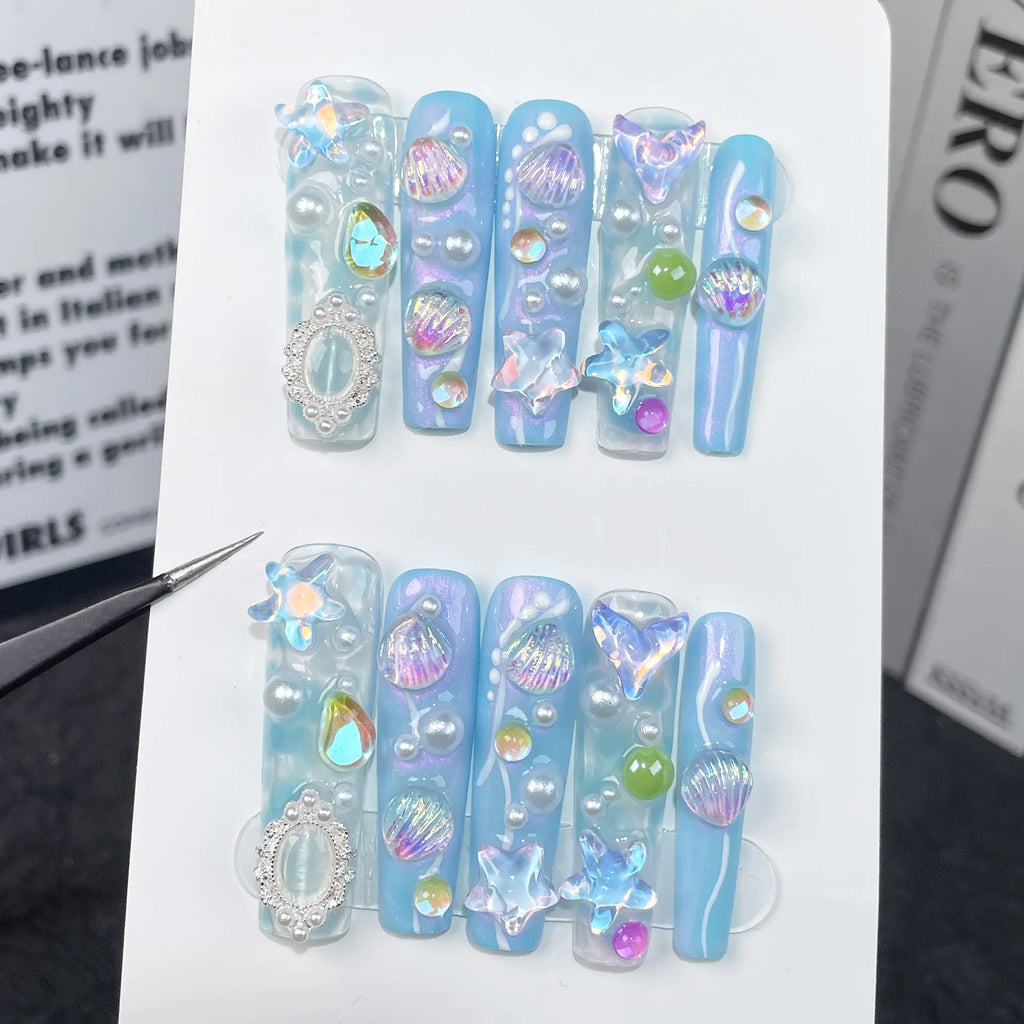 10pcs Long Square Handmade False Nails with Colorful Diamond Design Press on Nails Glitter Full Cover Nail  Finished Fake Nails