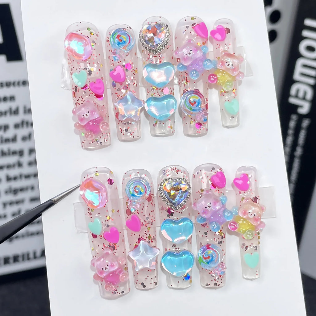10pcs Long Square Handmade False Nails with Colorful Diamond Design Press on Nails Glitter Full Cover Nail  Finished Fake Nails