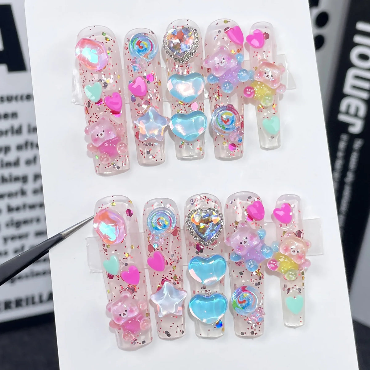 10pcs Long Square Handmade False Nails with Colorful Diamond Design Press on Nails Glitter Full Cover Nail  Finished Fake Nails