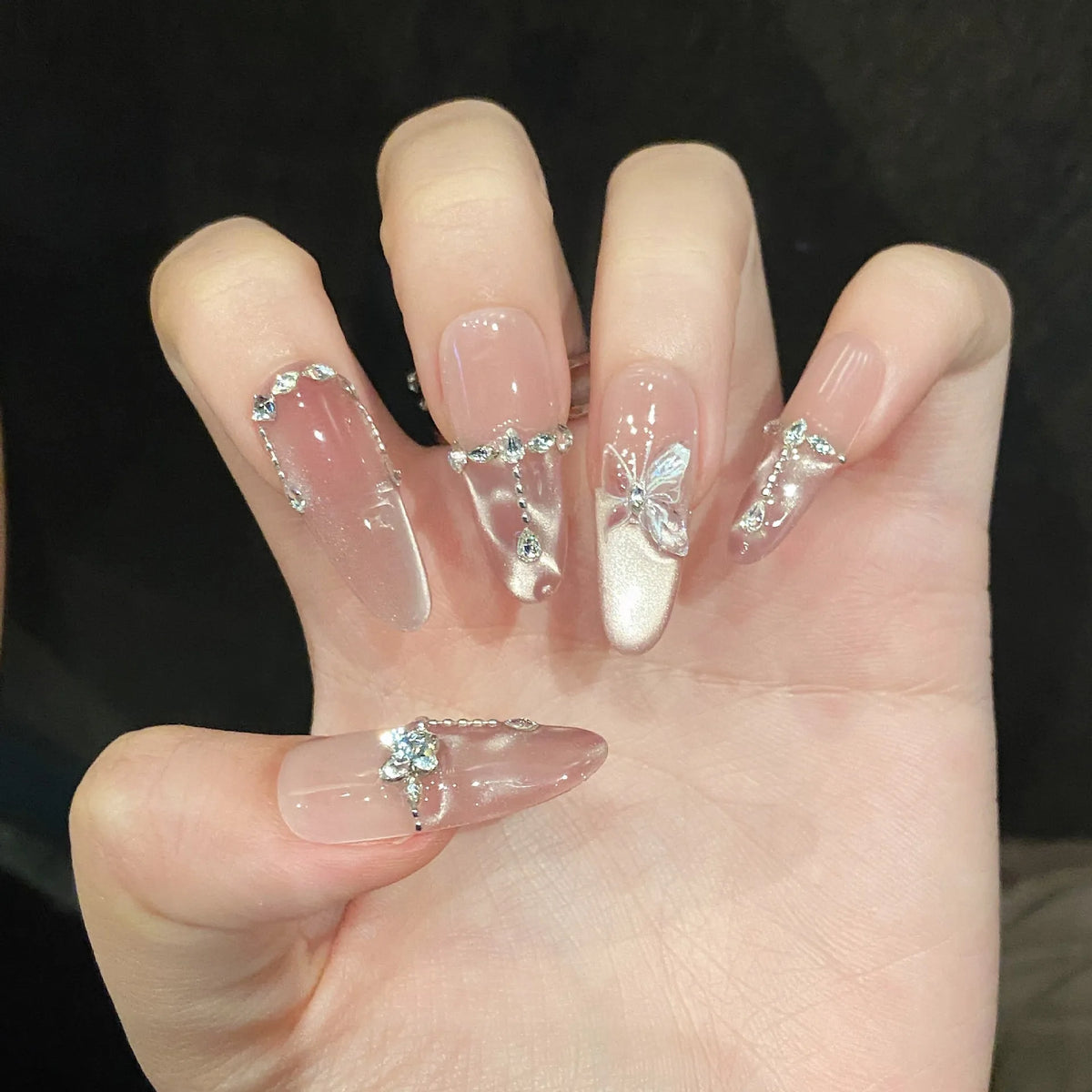 10pcs Handmade Fake Nails Tips Light Luxury Blush Long Almond Press on Nails Diamond Bow Design False Nail Shiny Powder Manicure